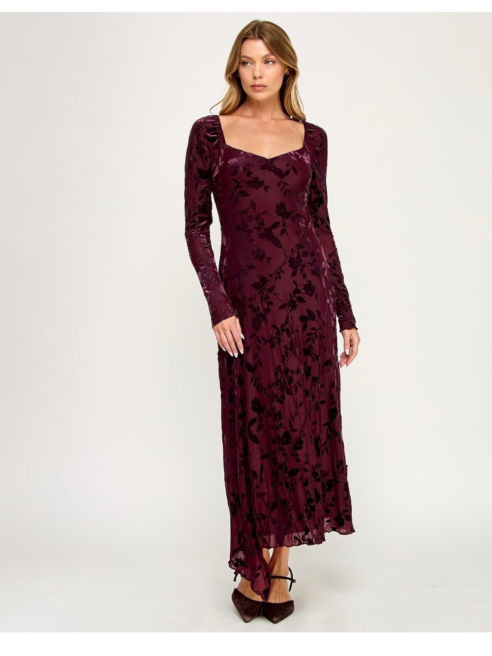 Long Sleeve Velvet Burnout Maxi Dress in Deep Plum